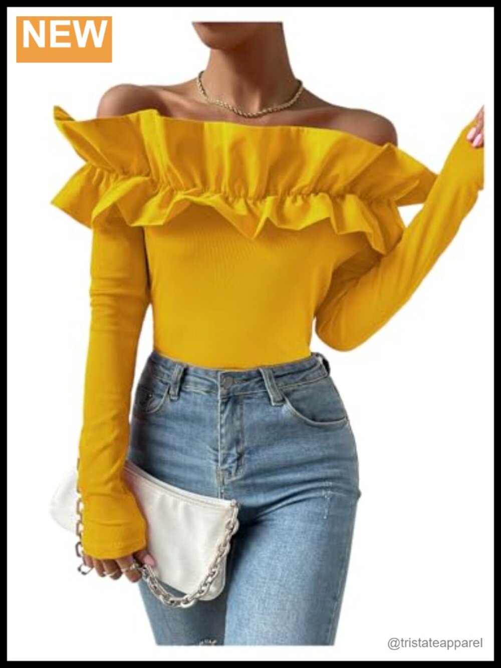 Women's Off Shoulder Rib Knit Ruffle Blouse Long Sleeve Party Top
